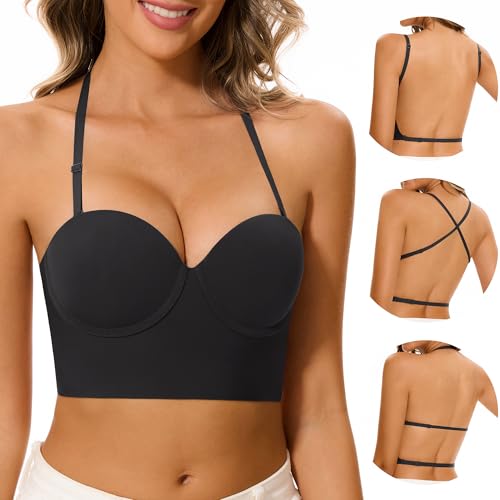 Zekeylin Rückenfreier BH – unsichtbar ohne Nähte mit leichter Polsterung. BH mit transparentem Rücken, mehrere und wandelbare Unterstützung, Schwarz , 75B von Zekeylin