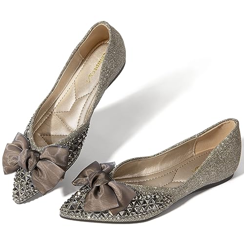 Zelaprox Damen Flats Schuhe Strass Spitze Zehen Flats Komfort Low Wedge Dressy Flats Silber Bowknot Flats Leichte Casual Ballettschuhe, silber, 41 EU von Zelaprox