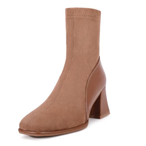 Zelaprox Damen Stiefeletten mit quadratischem Zehenbereich, niedriger Blockabsatz, Chelsea-Stiefel, Reißverschluss hinten, bequem, wadenhoch, Stiefeletten, Kastanie, 36 EU von Zelaprox