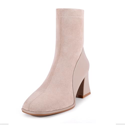 Zelaprox Damen Stiefeletten mit quadratischem Zehenbereich, niedriger Blockabsatz, Chelsea-Stiefel, Reißverschluss hinten, bequem, wadenhoch, Stiefeletten, aprikose, 36 EU von Zelaprox