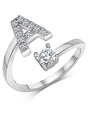 Zelaro Silber Ring mit Buchstabe | Zirkonia Ring mit Initialen | Pärchen Ringe für Mädchen Geschenk für Freundin | Frauen Ring als Schmuck Ringe zum Jahrestag | Verstellbare Ringe in Silber (A) von Zelaro