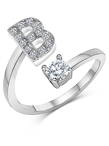 Zelaro Silber Ring mit Buchstabe | Zirkonia Ring mit Initialen | Pärchen Ringe für Mädchen Geschenk für Freundin | Frauen Ring als Schmuck Ringe zum Jahrestag | Verstellbare Ringe in Silber (B) von Zelaro