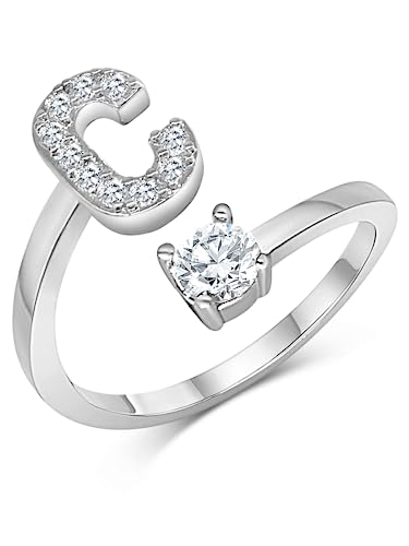 Zelaro Silber Ring mit Buchstabe | Zirkonia Ring mit Initialen | Pärchen Ringe für Mädchen Geschenk für Freundin | Frauen Ring als Schmuck Ringe zum Jahrestag | Verstellbare Ringe in Silber (C) von Zelaro
