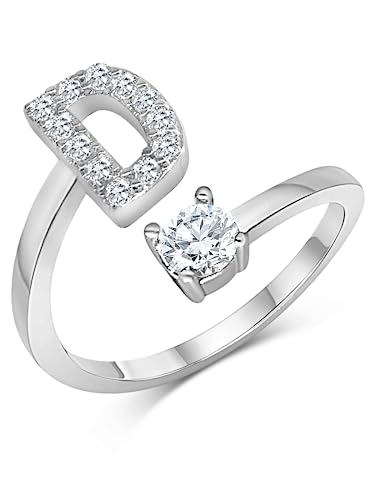 Zelaro Silber Ring mit Buchstabe | Zirkonia Ring mit Initialen | Pärchen Ringe für Mädchen Geschenk für Freundin | Frauen Ring als Schmuck Ringe zum Jahrestag | Verstellbare Ringe in Silber (D) von Zelaro