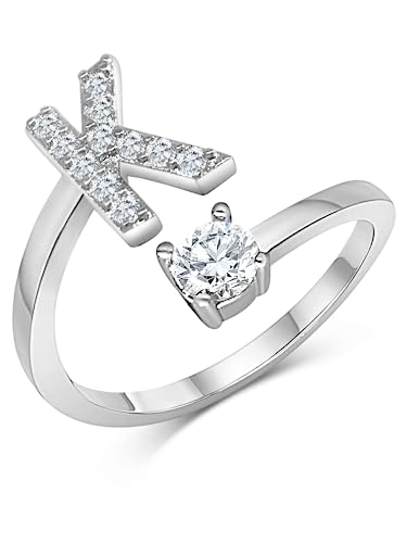 Zelaro Silber Ring mit Buchstabe | Zirkonia Ring mit Initialen | Pärchen Ringe für Mädchen Geschenk für Freundin | Frauen Ring als Schmuck Ringe zum Jahrestag | Verstellbare Ringe in Silber (K) von Zelaro