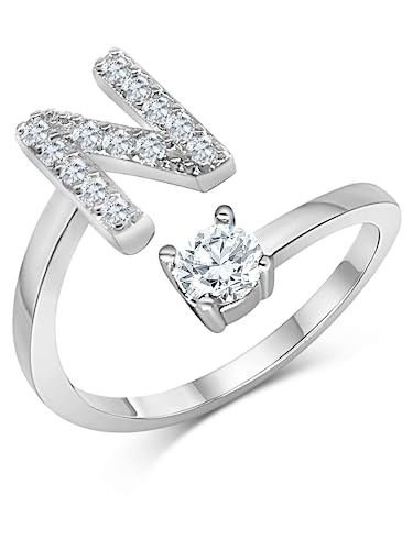 Zelaro Silber Ring mit Buchstabe | Zirkonia Ring mit Initialen | Pärchen Ringe für Mädchen Geschenk für Freundin | Frauen Ring als Schmuck Ringe zum Jahrestag | Verstellbare Ringe in Silber (N) von Zelaro