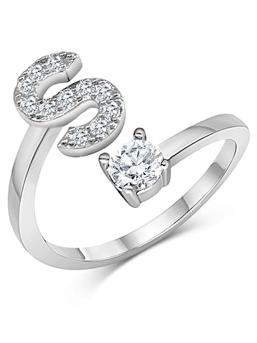 Zelaro Silber Ring mit Buchstabe | Zirkonia Ring mit Initialen | Pärchen Ringe für Mädchen Geschenk für Freundin | Frauen Ring als Schmuck Ringe zum Jahrestag | Verstellbare Ringe in Silber (S) von Zelaro