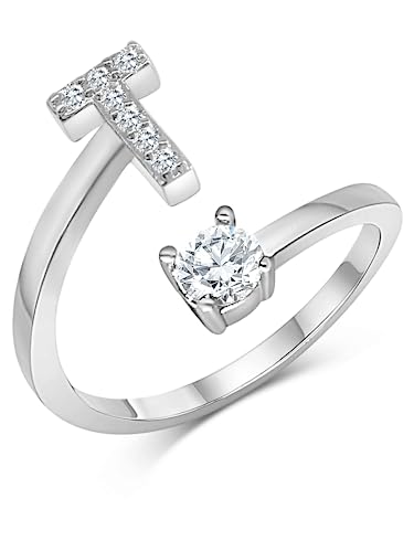 Zelaro Silber Ring mit Buchstabe | Zirkonia Ring mit Initialen | Pärchen Ringe für Mädchen Geschenk für Freundin | Frauen Ring als Schmuck Ringe zum Jahrestag | Verstellbare Ringe in Silber (T) von Zelaro