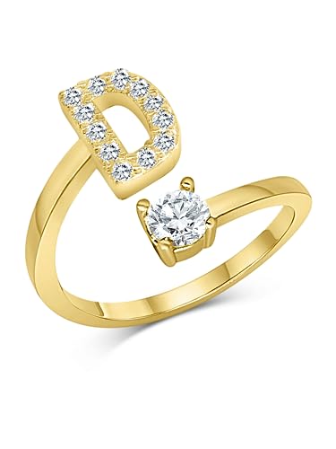 Zelaro Zirkonia Ring mit Initialen Gold | Pärchen Ringe für Mädchen Geschenk für Freundin, Freund | Ring mit Buchstabe | Frauen Ring als Schmuck Ringe zum Jahrestag | Verstellbare Ringe in Gold (D) von Zelaro