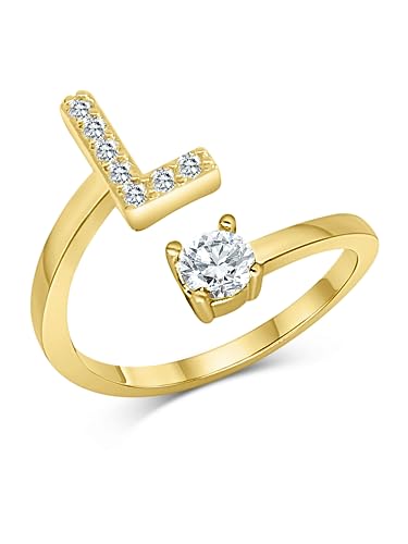 Zelaro Zirkonia Ring mit Initialen Gold | Pärchen Ringe für Mädchen Geschenk für Freundin, Freund | Ring mit Buchstabe | Frauen Ring als Schmuck Ringe zum Jahrestag | Verstellbare Ringe in Gold (L) von Zelaro
