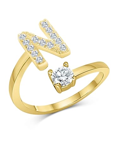 Zelaro Zirkonia Ring mit Initialen Gold | Pärchen Ringe für Mädchen Geschenk für Freundin, Freund | Ring mit Buchstabe | Frauen Ring als Schmuck Ringe zum Jahrestag | Verstellbare Ringe in Gold (N) von Zelaro