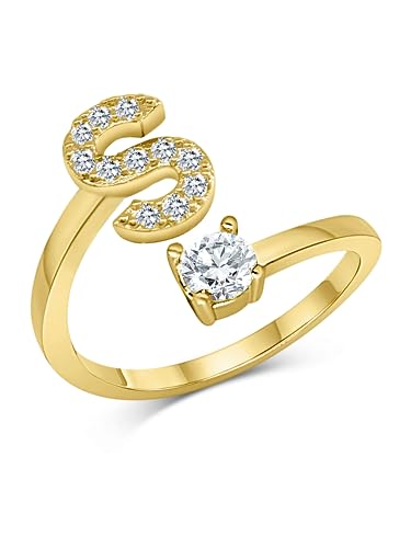 Zelaro Zirkonia Ring mit Initialen Gold | Pärchen Ringe für Mädchen Geschenk für Freundin, Freund | Ring mit Buchstabe | Frauen Ring als Schmuck Ringe zum Jahrestag | Verstellbare Ringe in Gold (S) von Zelaro