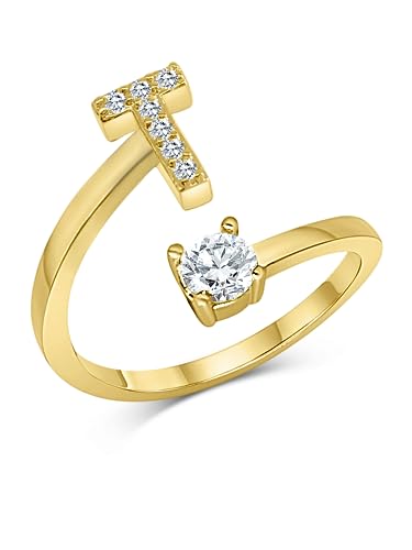 Zelaro Zirkonia Ring mit Initialen Gold Pärchen Ringe für Mädchen Geschenk für Freundin, Freund Ring mit Buchstabe Frauen Ring als Schmuck Ringe zum Jahrestag Verstellbare Ringe in Gold (T) von Zelaro