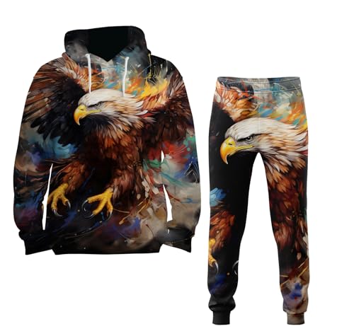 Herren 3D Eagle Kapuzen-Sweatshirt-Set Trainingsanzug, Jogginganzug, Kapuzenpullover, zweiteiliger Kapuzenpullover mit Adlermuster, lange Hose, Sportbekleidung, lässige Straße (Gelb,3XL) von Zelbuck