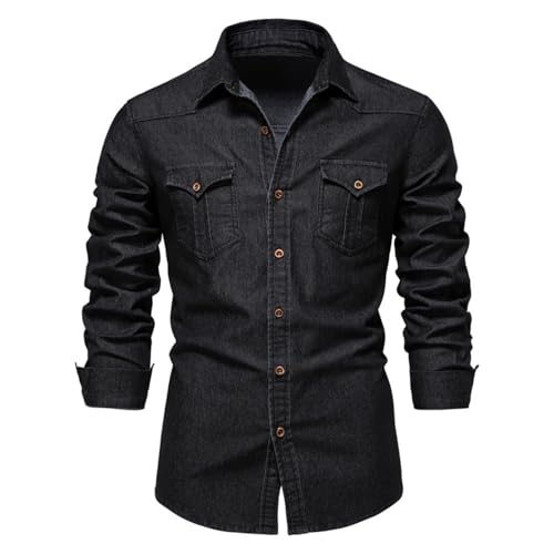 Herren JeansHemd Herren Oberhemden Langarm Bügelfrei Freizeithemd Schwarz Oxford Gant Hemd Regular Business Hemd Mit Zwei Brusttasche (Schwarz,L) von Zelbuck
