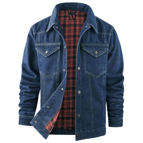 Herren Jeansjacke Mit Flanellfutter – Klassische Fit Western-Style Cowboy Truckerjacket, Vintage Übergangsjacke Karierte Denim Jacken (Marineblau,2XL) von Zelbuck