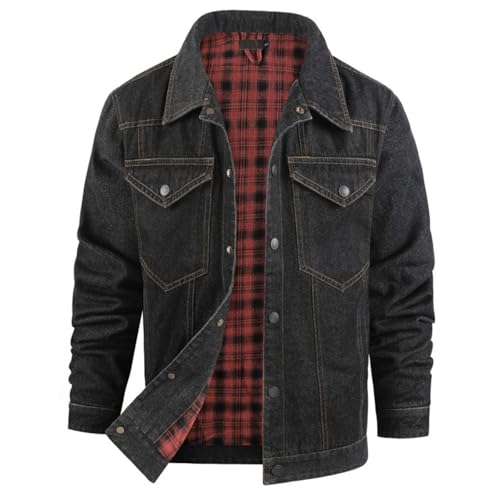 Herren Jeansjacke Mit Flanellfutter – Klassische Fit Western-Style Cowboy Truckerjacket, Vintage Übergangsjacke Karierte Denim Jacken (Schwarz,2XL) von Zelbuck