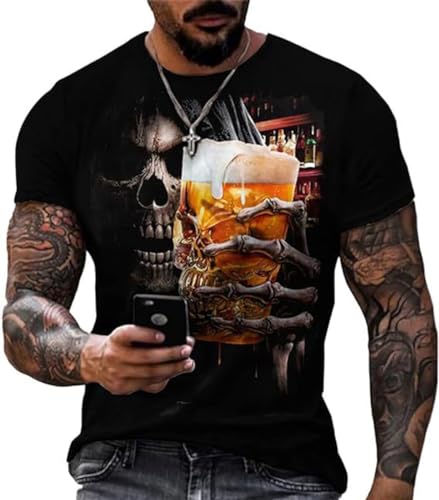 Herren T-Shirt 3D Totenkopf Print Herren Kurzarm Totenkopf Knochen Sommer Rundhalsausschnitt T-Shirt Unisex Top Casual Street Kurzarm (4,3XL) von Zelbuck