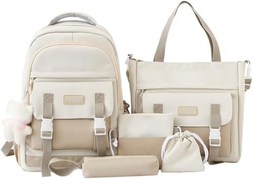 Schulrucksack 5 Klasse Mädchen Schulrucksack Mädchen Teenager Schulrucksack Set 5-teiliges Für Mädchen Schule Freizeit Teenager (Beige,30 * 45 * 14cm) von Zelbuck
