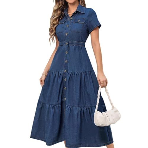 Sommerkleid Damen Jeanskleid Hemdkleid A-Linie Kleid V-Ausschnitt Freizeitkleid Leichtes Strandkleid Große Größen Bequem Locker (S,Blau) von Zelbuck