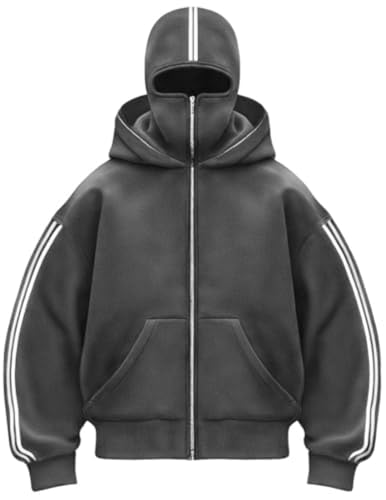 Zelbuck Balaclava Y2K Hoodie Herren Mit Sturmhaube Oversized Kapuzenpullover Mit Reißverschluss Doppel Kapuze Winddichter Warme Winter Sweatshirt Übergangsjacke Unisex (Grau,L) von Zelbuck