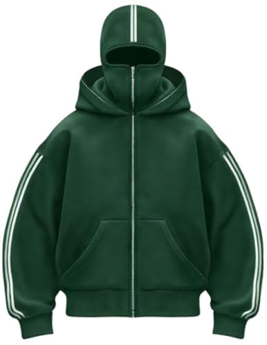 Zelbuck Balaclava Y2K Hoodie Herren Mit Sturmhaube Oversized Kapuzenpullover Mit Reißverschluss Doppel Kapuze Winddichter Warme Winter Sweatshirt Übergangsjacke Unisex (Grün,L) von Zelbuck
