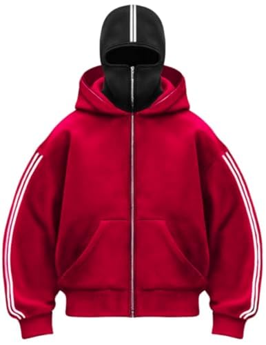 Zelbuck Balaclava Y2K Hoodie Herren Mit Sturmhaube Oversized Kapuzenpullover Mit Reißverschluss Doppel Kapuze Winddichter Warme Winter Sweatshirt Übergangsjacke Unisex (Rot,L) von Zelbuck
