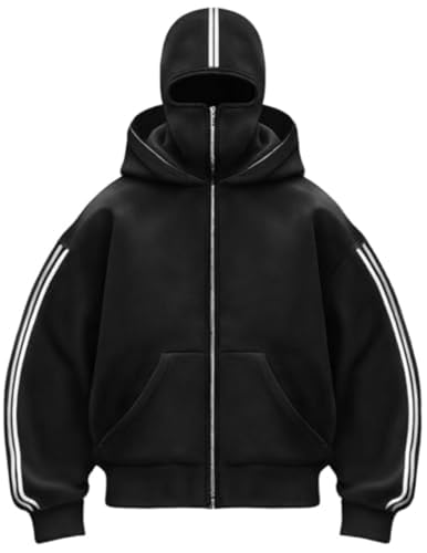 Zelbuck Balaclava Y2K Hoodie Herren Mit Sturmhaube Oversized Kapuzenpullover Mit Reißverschluss Doppel Kapuze Winddichter Warme Winter Sweatshirt Übergangsjacke Unisex (Schwarz,XXL) von Zelbuck