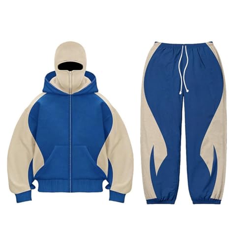 Zelbuck Balaclava Y2K Hoodie Und Hose 2-Teilig Streatwear Trainingsanzüge Herren Kapuzenpullover Mit Sturmhaube Doppel Kapuze Jogginganzug Oversized Winddichte Jacke Anzug (Blau,L) von Zelbuck