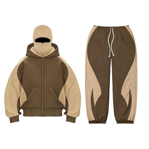 Zelbuck Balaclava Y2K Hoodie Und Hose 2-Teilig Streatwear Trainingsanzüge Herren Kapuzenpullover Mit Sturmhaube Doppel Kapuze Jogginganzug Oversized Winddichte Jacke Anzug (Khaki,L) von Zelbuck