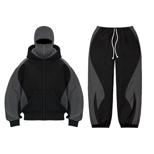 Zelbuck Balaclava Y2K Hoodie Und Hose 2-Teilig Streatwear Trainingsanzüge Herren Kapuzenpullover Mit Sturmhaube Doppel Kapuze Jogginganzug Oversized Winddichte Jacke Anzug (Schwarz,M) von Zelbuck