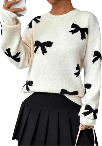 Zelbuck Damen Y2k Pullover Mit Schleifen-Grafikdruck, Sweater, Retro Langarm Rundhalsausschnitt Pullover Winter Streetwear (Beige,M) von Zelbuck