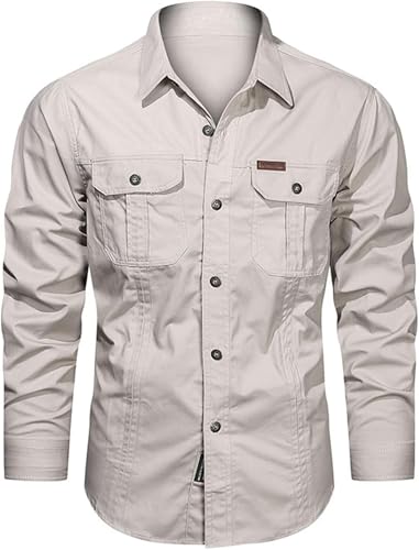 Zelbuck Herren Hemden Langarm Baumwolle Slim Fit Freizeithemd Herren Arbeitshemd Cowboy Hemd Modische Western Hemd Outdoor Hemd Herrenhemden (XL,Beige) von Zelbuck