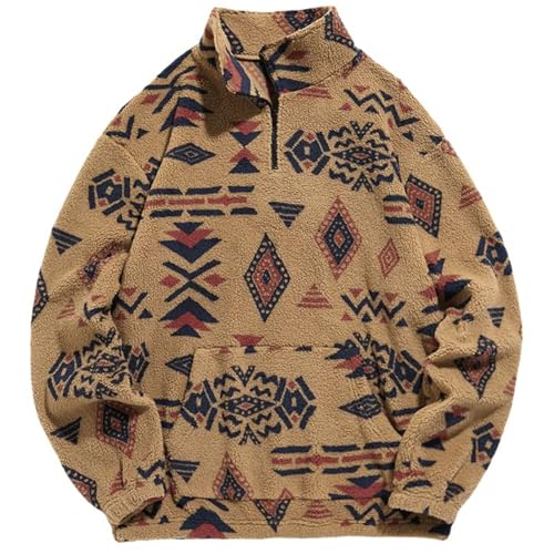 Zelbuck Herren Hoodie Mit 1/4 Reißverschluss, Sherpa Fleece Pullover, Ethnischer Azteken-Aufdruck, Y2k Teddy Plush Hoodie, Winter, Unisex-Kapuzenpullover (Braun,M) von Zelbuck