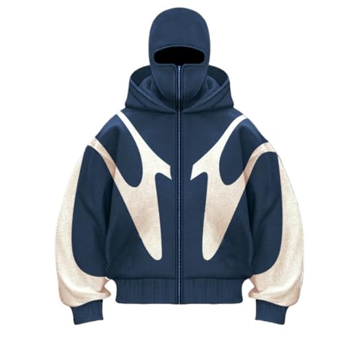 Zelbuck Herren Hoodie Y2K Kapuzenpullover Sweatshirt Mit Sturmhaube Reißverschluss Doppelter Kapuze Winddicht Patchwork Jacke für Männer und Frauen (Blau,XXL) von Zelbuck