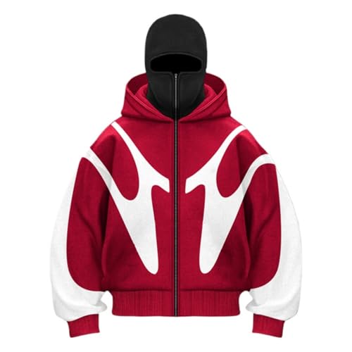 Zelbuck Herren Hoodie Y2K Kapuzenpullover Sweatshirt Mit Sturmhaube Reißverschluss Doppelter Kapuze Winddicht Patchwork Jacke für Männer und Frauen (Rot1,S) von Zelbuck