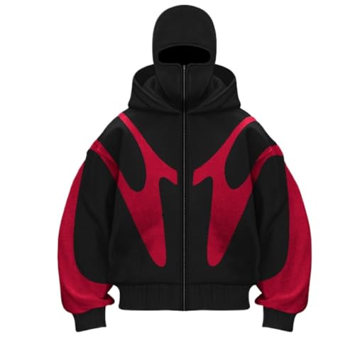 Zelbuck Herren Hoodie Y2K Kapuzenpullover Sweatshirt Mit Sturmhaube Reißverschluss Doppelter Kapuze Winddicht Patchwork Jacke für Männer und Frauen (Rot2,XL) von Zelbuck