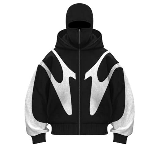 Zelbuck Herren Hoodie Y2K Kapuzenpullover Sweatshirt Mit Sturmhaube Reißverschluss Doppelter Kapuze Winddicht Patchwork Jacke für Männer und Frauen (Schwarz1,M) von Zelbuck