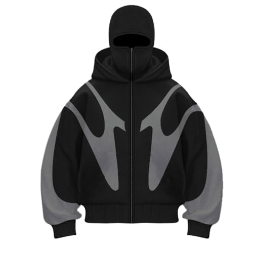Zelbuck Herren Hoodie Y2K Kapuzenpullover Sweatshirt Mit Sturmhaube Reißverschluss Doppelter Kapuze Winddicht Patchwork Jacke für Männer und Frauen (Schwarz2,M) von Zelbuck