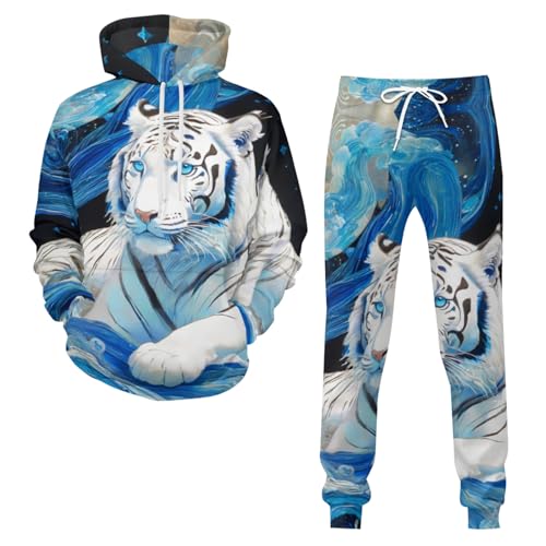 Zelbuck Herren Jogginganzug Set 3D Tiger Wolf Druckt Freizeit Trainingsanzug 2-teilig Herren Kapuzenpullover Set Hoodie Hose Anzug Sportanzug (style3,L) von Zelbuck