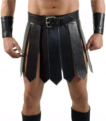 Zelbuck Herren Lederrock Herren Mittelalterlich Gladiator PU-Lederrock Römisch Krieger Taillengürtel Stil Rockgürtel Halloween Party Kostüm (A1,L) von Zelbuck