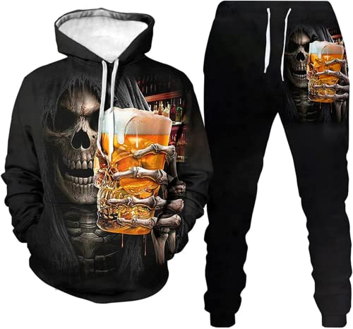 Zelbuck Jogging 3d Totenkopf Kapuzenpullover Zweiteiliges Set Skull Jogginganzug Für Herren Pullover 3d Druck Herren Winter Skull Pattern Jogging Anzug Polyester Trainingsanzug Sportanzug (A1,6XL) von Zelbuck