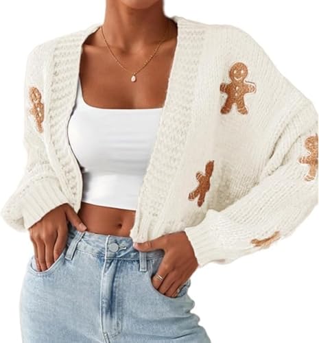 Zelbuck Kurze Strickjacke Damen Gingerbread Cardigan Weihnachtspullover Christmas Gingerbread Sweater Lustiger Gestrickter Kapuzenpullover Festliches Sweatshirt Für Party (Beige,L) von Zelbuck