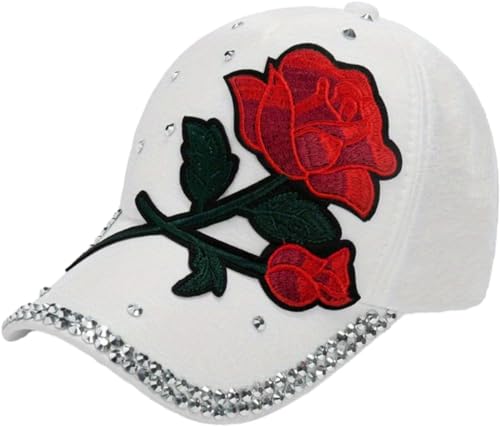 Zelbuck Rote Rose Baseball Cap Strass Dekor Sport Hut Leicht Einstellbare Hüte Freizeithut Sommer Damen Vielseitige Sonnenschutzmütze (A1,54-60) von Zelbuck