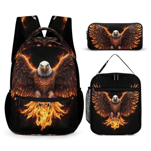Zelbuck Schulrucksack Set Jungen Mädchen 3 Teilig, Rucksack Teenager, 3D Adler Druck, Grundschule Ranzen Mit Brustgurt, Ergonomischer Schulranzen, Lunchtasche, Etui Stifte (Farbe8,32 * 43 * 15cm) von Zelbuck