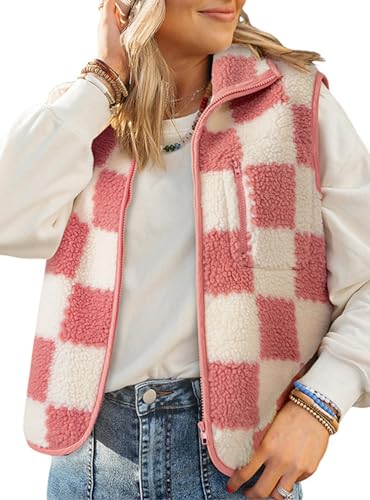Zelbuck Teddy Weste Damen Sherpa Plüsch Jacke Weste Kariert Ärmelloses Teddy Jacke Lässiger Kragen Warm Oberbekleidung Strickweste Fleeceweste (DE/NL/SE/PL, Alphanumerisch, L, Regular, Regular, Rosa) von Zelbuck