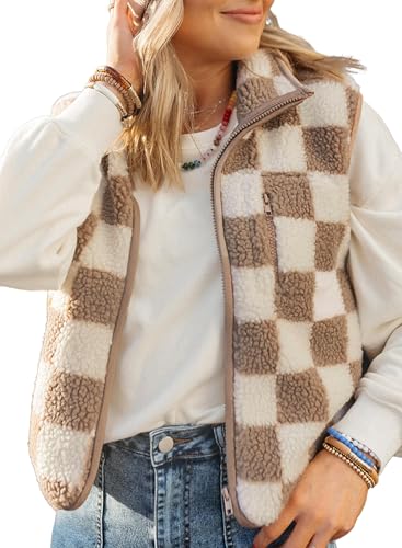 Zelbuck Teddy Weste Damen Sherpa Plüsch Jacke Weste Kariert Ärmelloses Teddy Jacke Lässiger Kragen Warm Oberbekleidung Strickweste Reißverschluss Fleeceweste (Khaki,XL) von Zelbuck