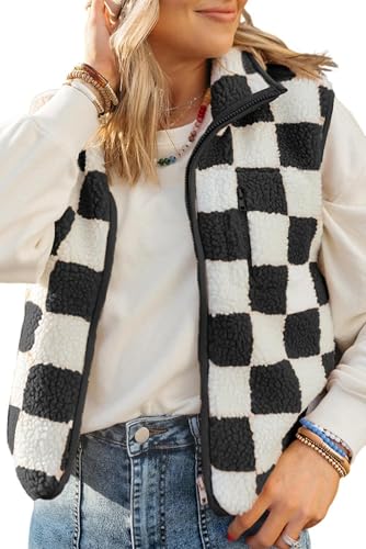 Zelbuck Teddy Weste Damen Sherpa Plüsch Jacke Weste Kariert Ärmelloses Teddy Jacke Lässiger Kragen Warm Oberbekleidung Strickweste Reißverschluss Fleeceweste (Schwarz,L) von Zelbuck