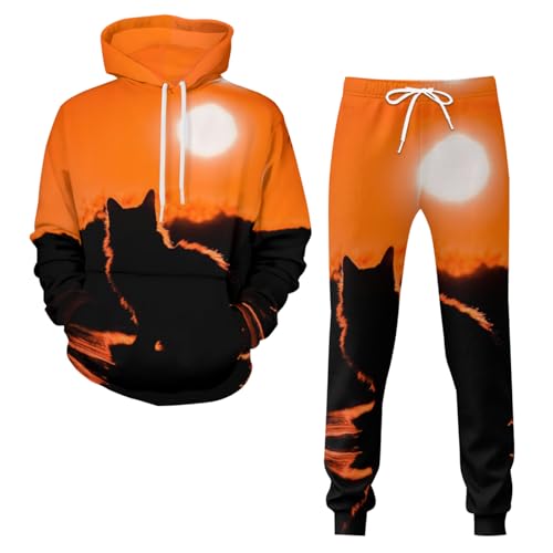 Zelbuck Unisex Katze Drucken Trainingsanzug Set Damen Sportanzug Jogginganzug Langarm Rundhals Pullover Sweatshirt + Kordelzug Sporthosen Zweiteilige Casual 2 Teilig Freizeitanzug Set (Katze1,4XL) von Zelbuck