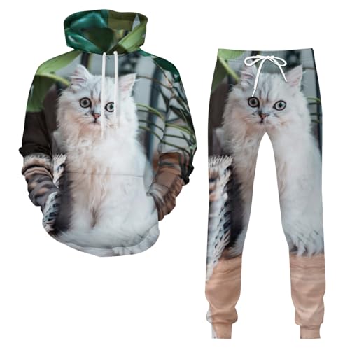 Zelbuck Unisex Katze Drucken Trainingsanzug Set Damen Sportanzug Jogginganzug Langarm Rundhals Pullover Sweatshirt + Kordelzug Sporthosen Zweiteilige Casual 2 Teilig Freizeitanzug Set (Katze2,M) von Zelbuck